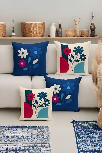 Bertille Home Set de 4 huse de pernă cu imprimare digitală dublă (aspect de broderie cu model de puncție)