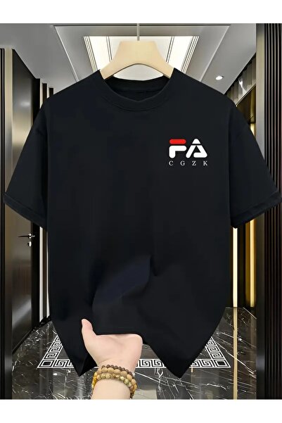 Fa 2Men's 100% Pure Cotton FA Logo Print T-Shirt, Breathable Crew Neck, 200g Cotton Fabric, Over Size