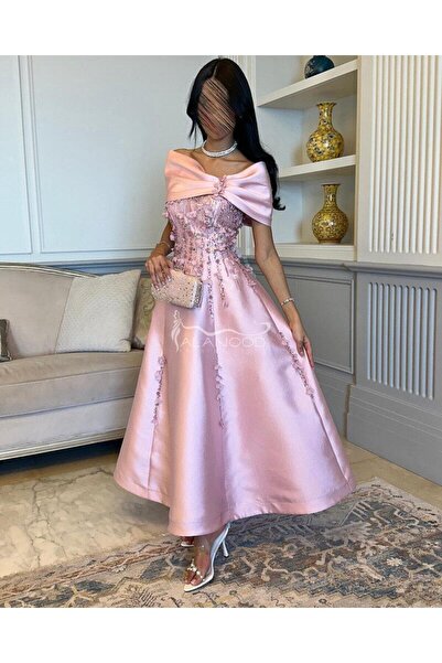 ALANOOD FASHION فستان نوف الانيق سهرة بخامة ميكادو مورد بتصميم وردي أنيق