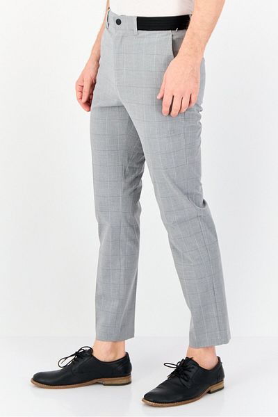 CELIO Men Regular Fit Checkered Stretchable Dress Pants, Grey
