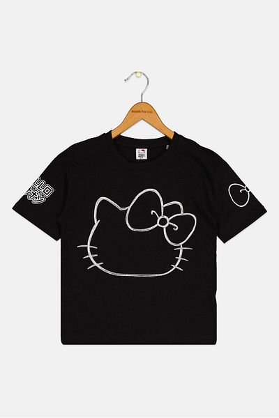 Hello Kitty Kids Girl Crew Neck Short Sleeve Embroidered T-Shirt, Black