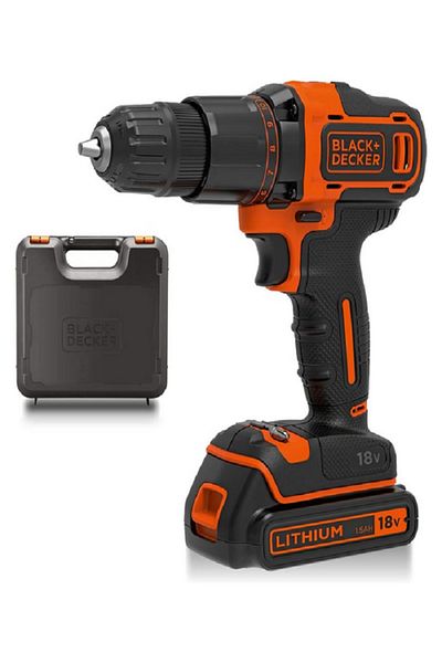 Black&Decker 18V Cordless 2-Gear Combi Hammer Drill with Kitbox and Battery Black and Orange