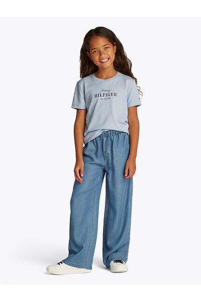 Tommy Hilfiger Girls Breezy Blue Glitter Logo Crew Neck T-Shirt