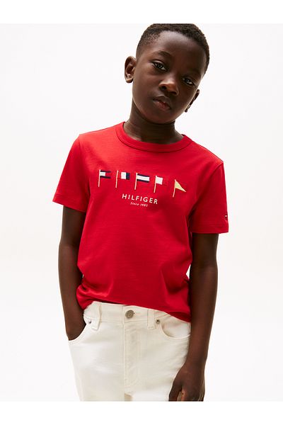 Tommy Hilfiger Boys Primary Red Multi-Flag Embroidery Crew Neck T-Shirt
