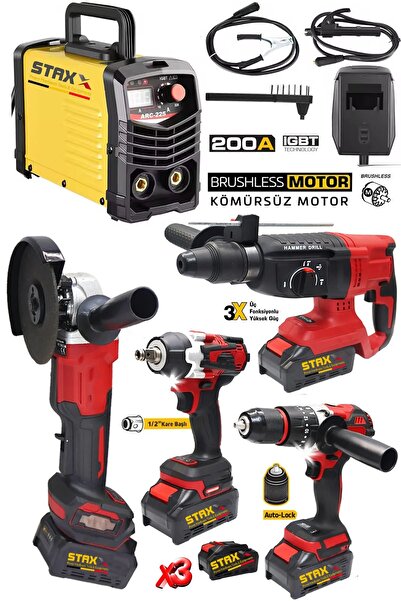 STAXX POWER Süper Seri 5'li 200A Kaynak Makinesi + 3Akülü Şarjlı Somun Sıkma Taşlama Kırıcı Delici Matkap Seti