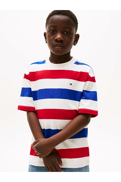 Tommy Hilfiger Boys Red Blue White Stripe Flag Embroidery Crew Neck T-Shirt