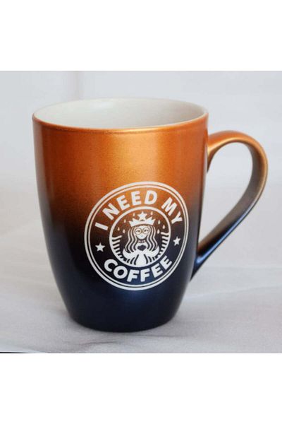 PUFO Need Coffee ceramic mug, for tea, coffee, juice, 360 ml, yellow/blue