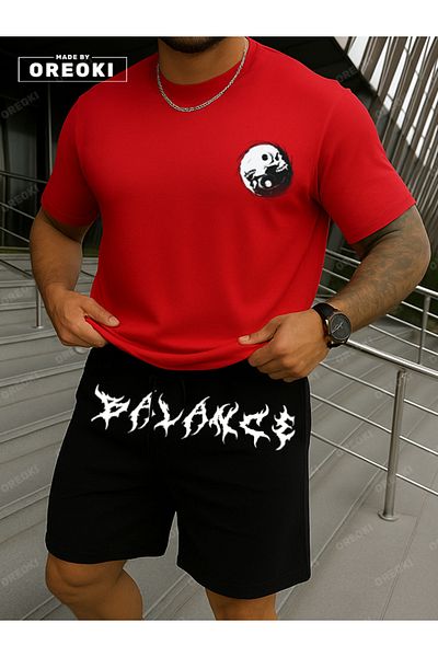 EFFRENATU Balance Printed Cotton Fabric Men's Redt-Shirt-Black Shorts Set