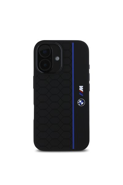 BMW Carcasă pentru iPhone 16 - BMW Hardcase Silicone Hexagon Blue Line MagSafe (BMHMP16S23SHEB) - Negru