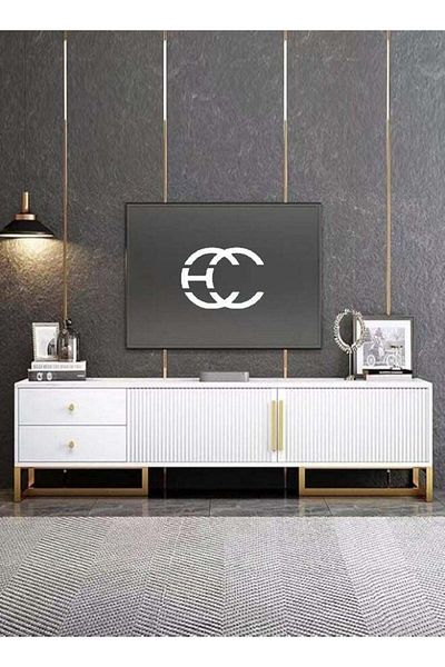 Raffine Modern Italian Wood Living Room TV Cabinet TV Table with Shelves White & Gold 120x30x40