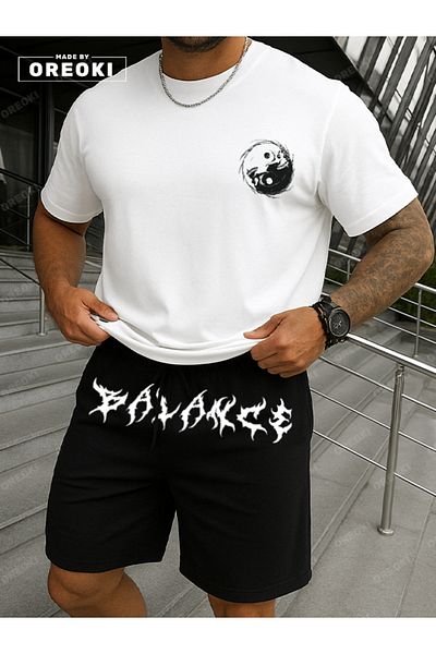 EFFRENATU Balance Printed Cotton Fabric Men's White T-Shirt-Black Shorts Set