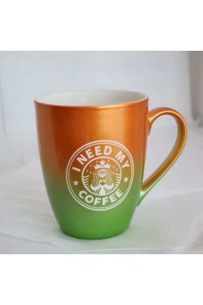PUFO Need Coffee Ceramic Mug, For Tea, Coffee, Juice, 360 Ml, Yellow/green
