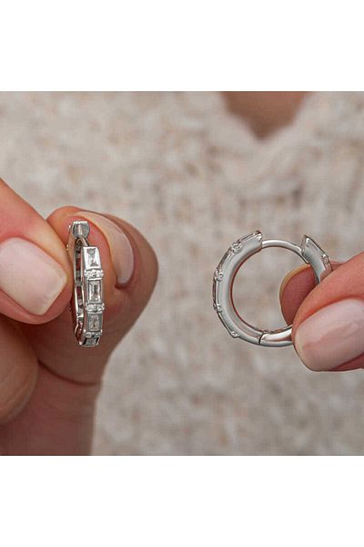 norsary Silver Baguette Stone Hoop Women's Earrings