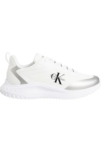 Calvin Klein حذاء رياضي نسائي من كالفن كلاين إيفا رانر أبيض/فضي لامع برباط منخفض