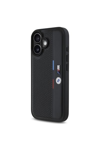 BMW Carcasă pentru iPhone 16 - BMW Hardcase M Perforated Tricolor Detail Line (BMHCP16S23PUPVK) - Negru