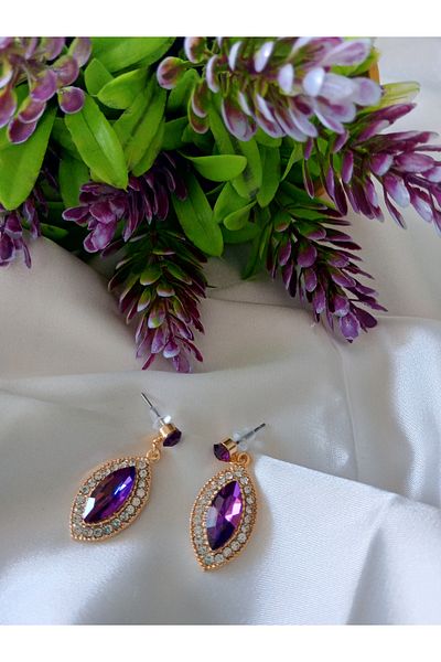 Pervin Ablacım Handmade Purple Stone Gold Dangle Shuttle Earrings Steel