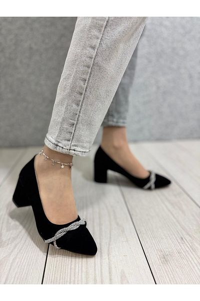 ayakkabiyolla Black Suede Cross Pearl Evening Dress Shoes