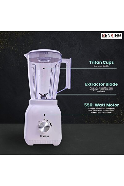 BENKING 2-in-1 Countertop Blender, 550W | 1.5L Plastic Jug | Stainless Steel Blades for Shakes