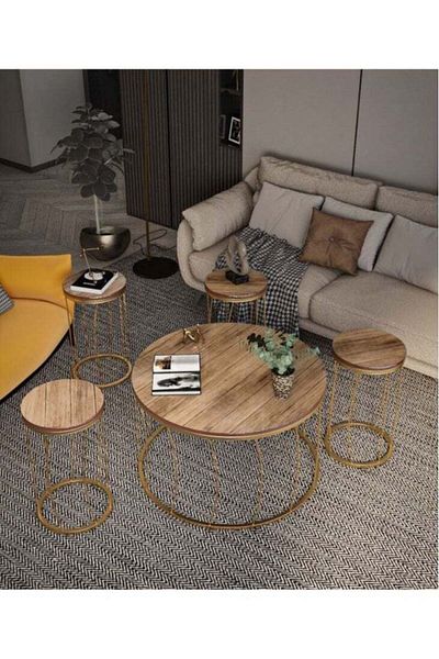 l'elefante 5-Piece Round Coffee Table Set – Iron Frame with Brown Wooden Top