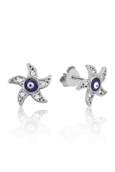 norsary Silver Evil Eye Starfish Studded Earrings