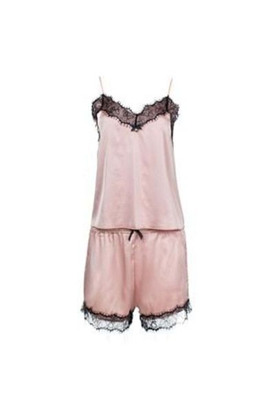 OEM Nude Pink Satin Pajama Set with Black Lace for Women