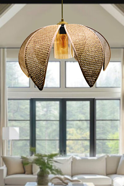 Decodelight Hasır Hazeran Rattan Palmiye Model Bohem Salon Oturma Odası Hol Cafe Restaurant Tekli Sarkıt Avize