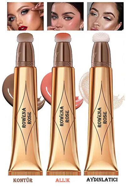 ROWENAROSE 3'li Sünger Başlıklı Makyaj Seti (AYDINLATICI - ALLIK - KONTÜR)
