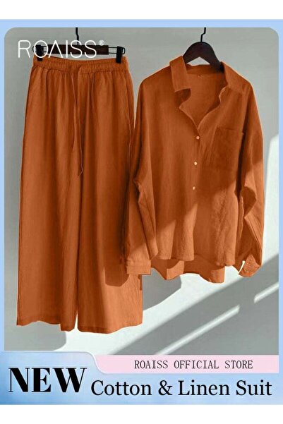 ROAISS Ladies 2 Piece Set New Trend Fashion Cotton Linen Shirt Suit Loose Pants Summer Spring Clothes for W
