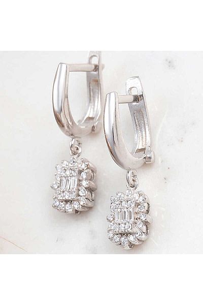 norsary Silver Baguette Stone Women's Earrings