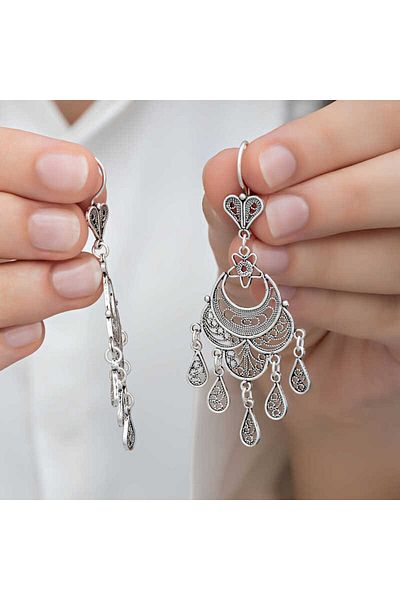 norsary Silver Crescent and Star Filigree Dangle Earrings for Women