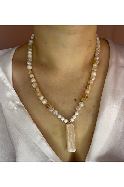 MODA Ay taşı & Sitrin & Selenit Doğal Taş Özel Tasarım Kolye Bolluk Bereket Dişil Enerji Kolyesi