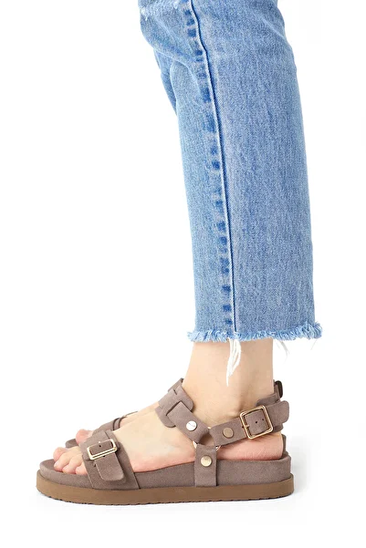 Soft Sole Women's Beige Suede Genuine Leather Sandals – Comfortable Eva Sole, Buckle Detail