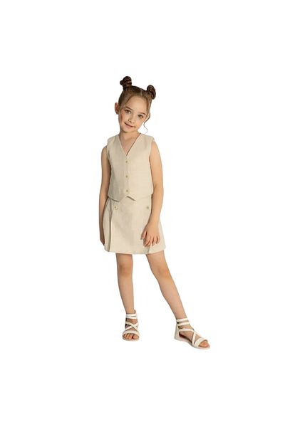 Dmb Girl's Button Closure Lined Linen Vest Elastic Waist Linen Shorts Skirt Suit