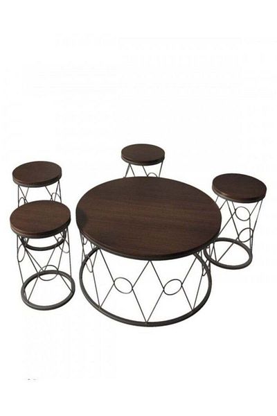 l'elefante 5-Piece Round Coffee Table Set – Iron Frame with Brown Wooden Top – Modern Living Room & Majlis