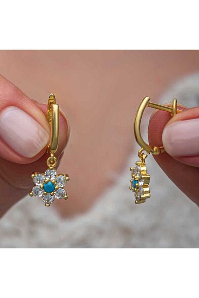 norsary Silver Blue Stone Gold Flower Earrings for Women