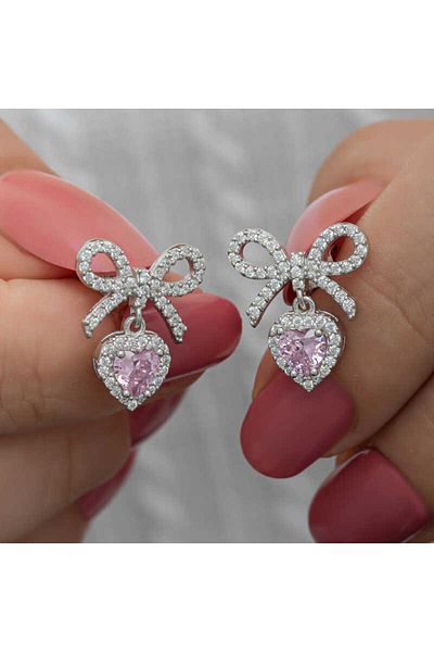 norsary Silver Bow Pink Jewelled Heart Studded Women's Earrings