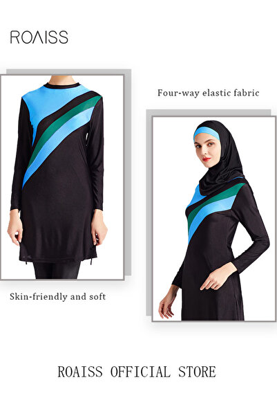 ROAISS 3-Piece Women Conservative Colorblock Swimsuit Set Muslim Sun Protection Swimwear Swimming Trousers