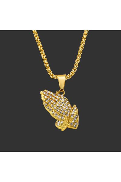 Tessero Lantisor cu pandantiv Iced Out. maini in postura de rugaciune, pietre zirconiu, placat cu aur 18K, T