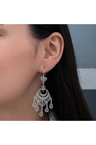 norsary Silver Crescent and Star Filigree Dangle Earrings for Women