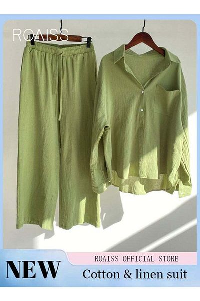 ROAISS Ladies 2 Piece Set New Trend Fashion Classic Solid Color Cotton Linen Shirt Suit Summer Spring Plus