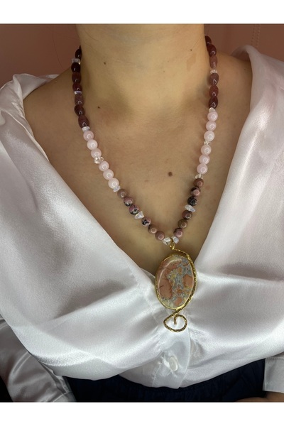 MODA Rodonit & Kuvars Doğal Taş Kolye Özel Tasarım Kalp Çakra Dengeleyici