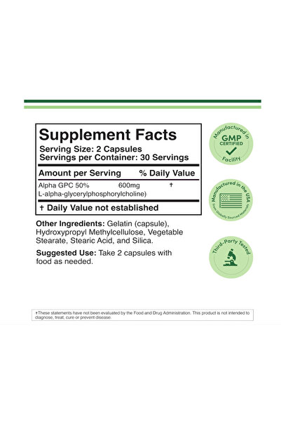 DOUBLE WOOD Alpha GPC Choline Brain Supplement for Acetylcholine (60 Count, 600mg Servings)