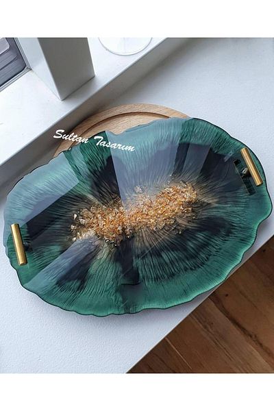Sultan Tasarım Gold Leaf Rectangular Wavy Patterned Two Person Promise Engagement Groom Presentation Epoxy Tray 18X28 cm
