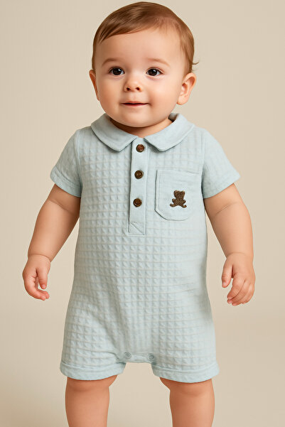 KapsülBebek %100 Organik Pamuk Yazlık Bebek Tulum - Kısa Kollu, Şortlu, Ayıcıklı Cepli, Unisex