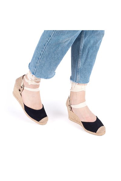 Star Tombis Real Handmade Black Stringed Wedge Heel Linen Espadrille Handmade