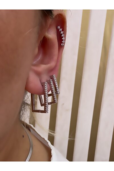 Hicrans Takı DİKDÖRTGEN MODEL TAŞLI ÜÇLÜ SET ÇELİK KÜPE