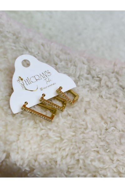 Hicrans Takı DİKDÖRTGEN MODEL TAŞLI ÜÇLÜ SET ÇELİK KÜPE