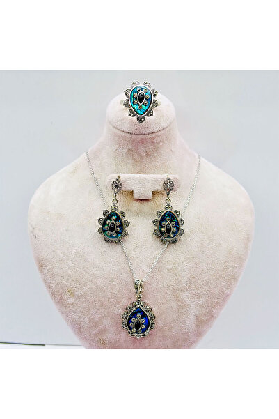 tesbihpasaji Yeşil Mine ve Oltu Taşı İşçilikli 925 Ayar Gümüş Kolye Küpe Yüzü...