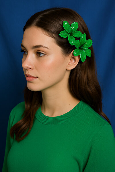 Nuva Land Kadın Yeşil Çiçek Formlu (Lotus) Parlak Saç Tokası – 3'lü