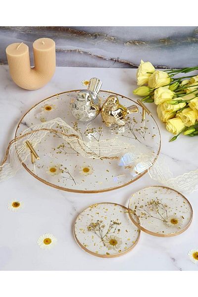 Sultan Tasarım Gold Leaf Rectangular Wavy Patterned Two Person Promise Engagement Groom Presentation Epoxy Tray 18X28 cm